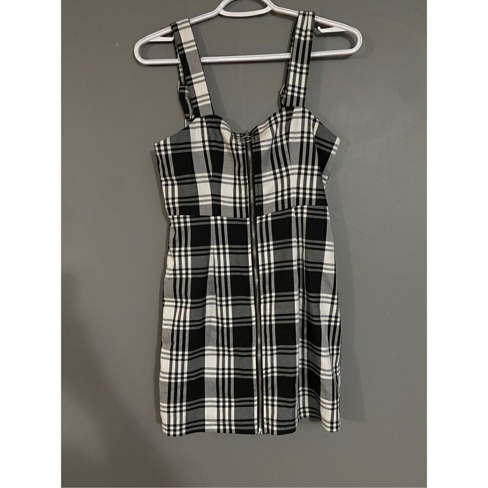 Forever 21 Black White Checkered Full Zip Adjustable Straps Fall Dress S